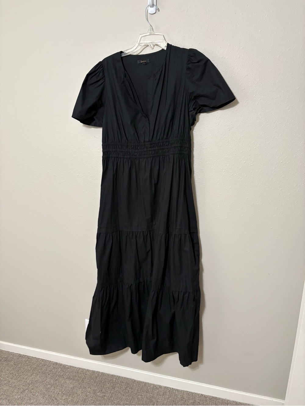 Quince Black V-Neck Tiered Maxi Dress with Puff Sleeves